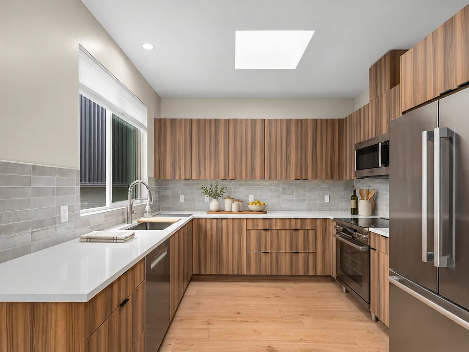 Kitchen with Bosch appliances (dishwasher, induction range, microwave, and refrigerator)
