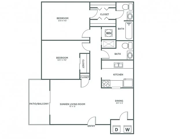 Floor plan Two Bedroom One and 1/2 Bath (1,001 SF)