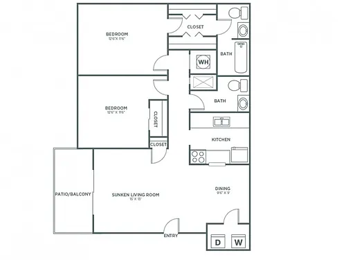Floor plan Two Bedroom One and 1/2 Bath (1,001 SF)