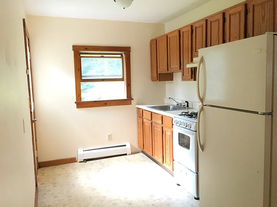 Kitchen with back door on left