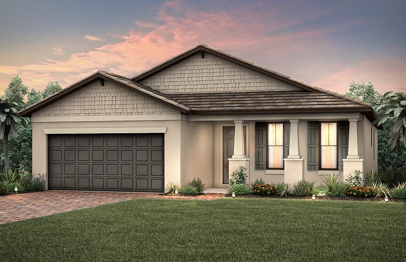 The Canopy, a single-story home with a 2 car garage, shown with Home Exterior C2B