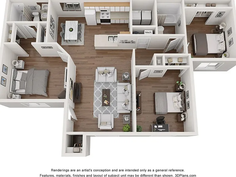 A 3D floor plan rendering of The Agave floor plan.