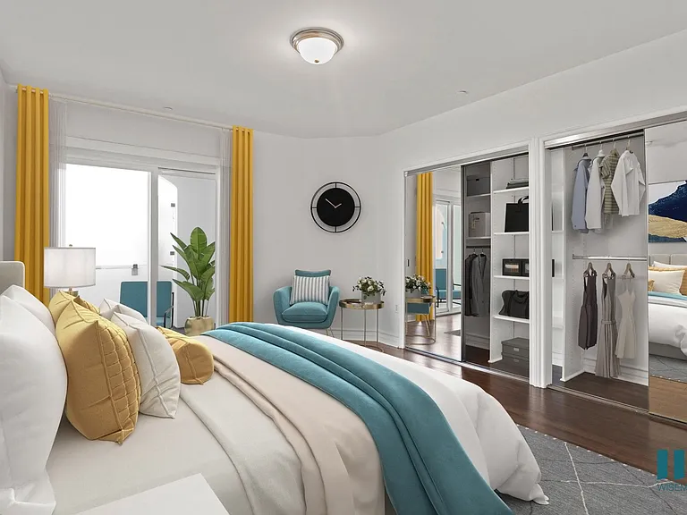 Bedroom with Two-Mirrored Closets, Vinyl Flooring, Bathroom, and Patio