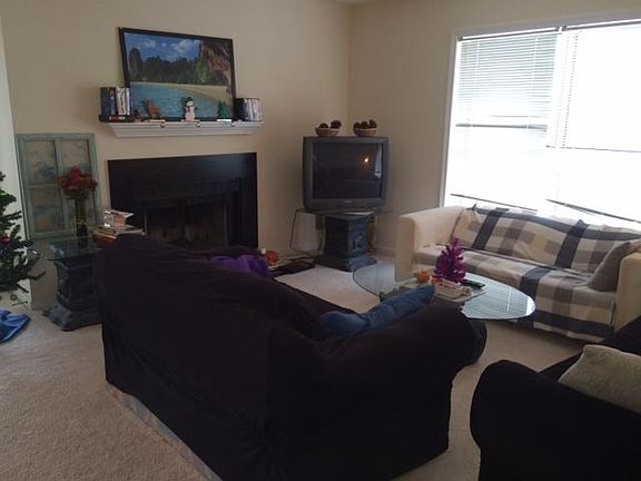 Living room with TV and fireplace
