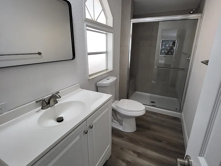 Tidy bathroom with mirror, toilet, good lighting and ventilation