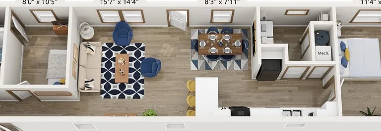 A thoughtfully designed 3-bedroom, 2-bath home with an open living, kitchen, and dining area, plus a private primary suite set apart for added comfort.