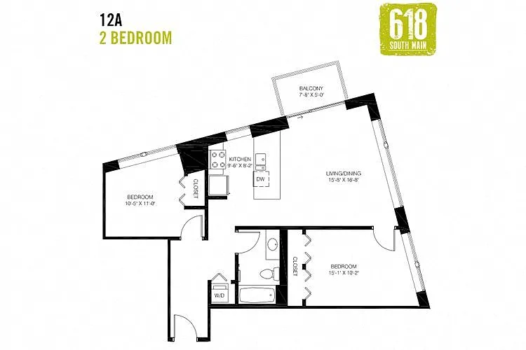 Floor plan 2 Bedroom 1 Bath 905 sq. ft.