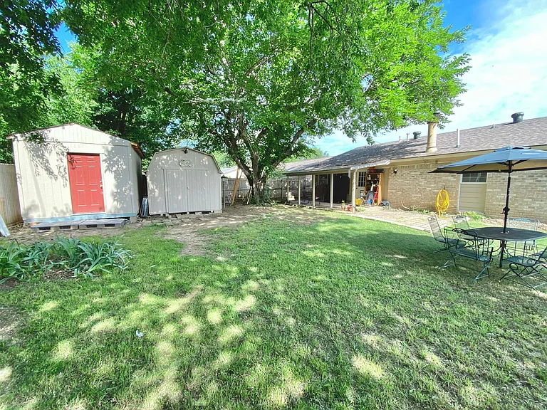 Shade trees and One small Shed available, "Large back storage shed (red door) temporarily unavailable".