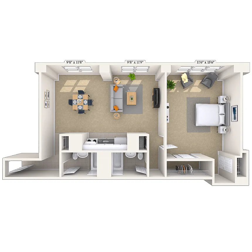 Floor plan Traditional 1x2 883-996 SF