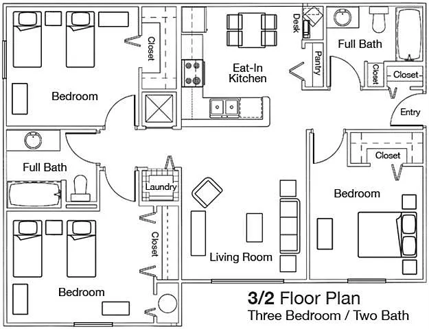 Floor plan Three Bed - Two Bath Phase I