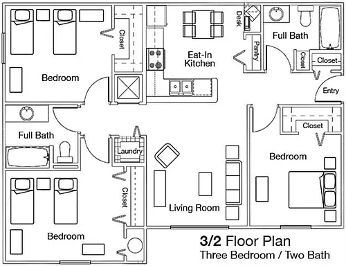 Floor plan Three Bed - Two Bath Phase I