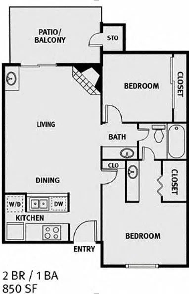 Floor plan 2 Bedroom 1 Bath B1