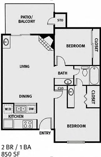 Floor plan 2 Bedroom 1 Bath B1