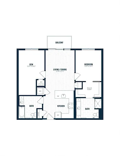 Floor plan B11D | 1 Bed | 2 Bath | Den