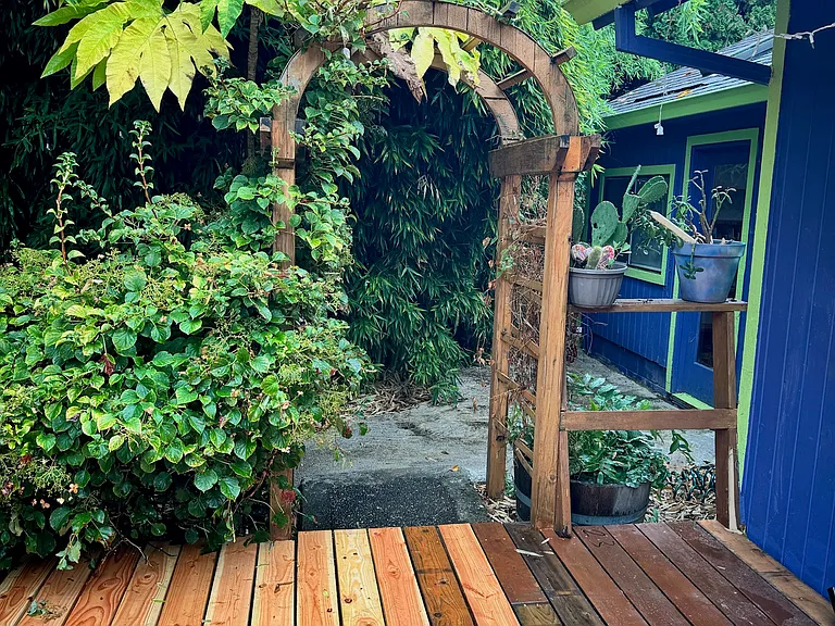 Path to hot tub from backyard patio.
