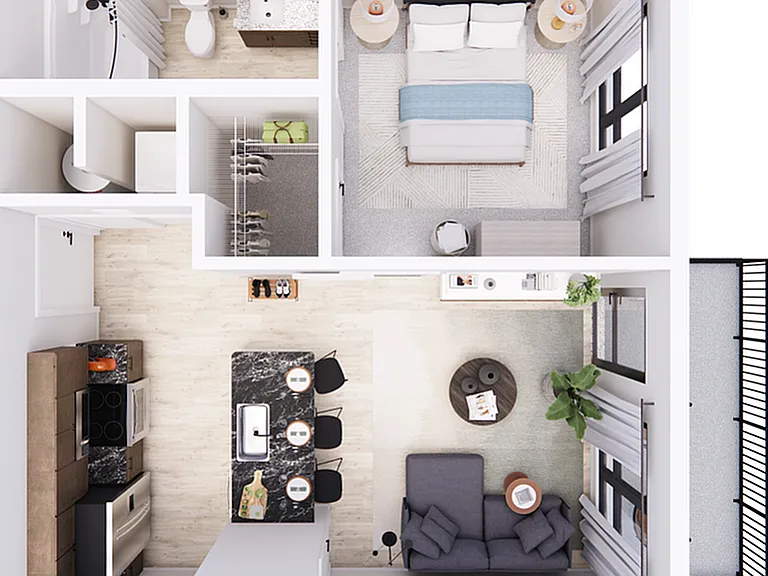 Explore this stylish apartment layout designed for urban living. Explore this stylish apartment layout designed for urban living.