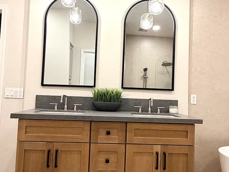 New vanity, quartz countertop, mirror and lighting
