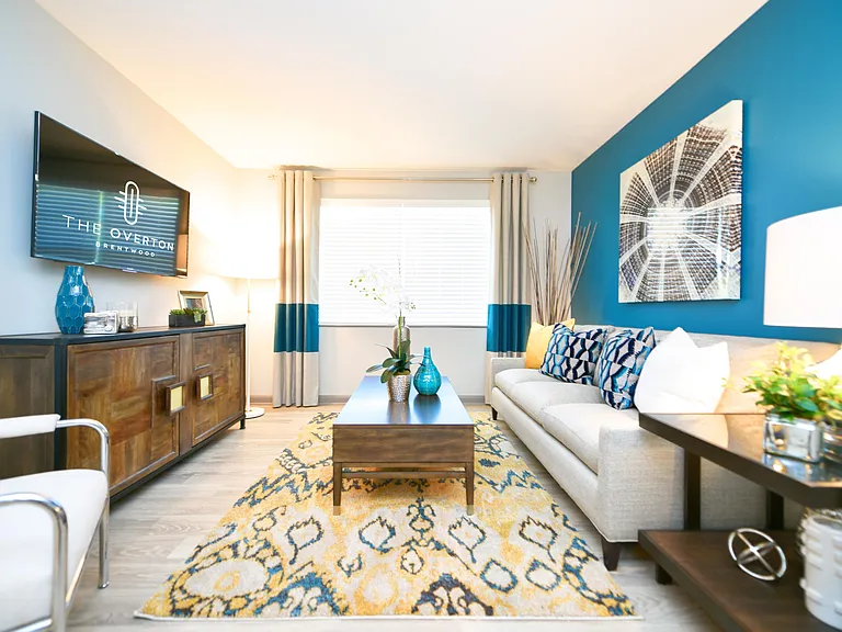 Spacious living room with hardwood-style flooring