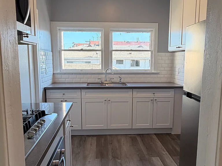 the entire kitchen is brand new and all the appliances are stainless steel- gas stove, oven, refrigerator, and microwave