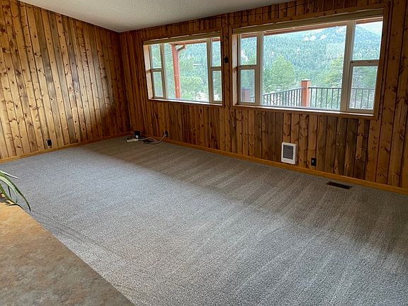 The living room and kitchen are open. New carpet. Beetle-kill wood plank walls.
