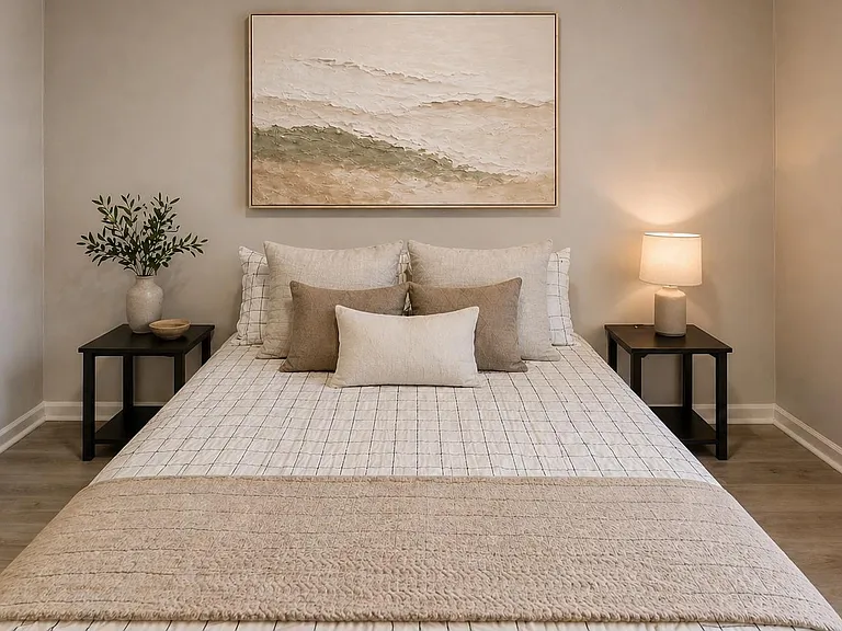 Well-appointed bedroom with a full bed, matching nightstands, and soft ambient lighting for comfortable everyday living.
