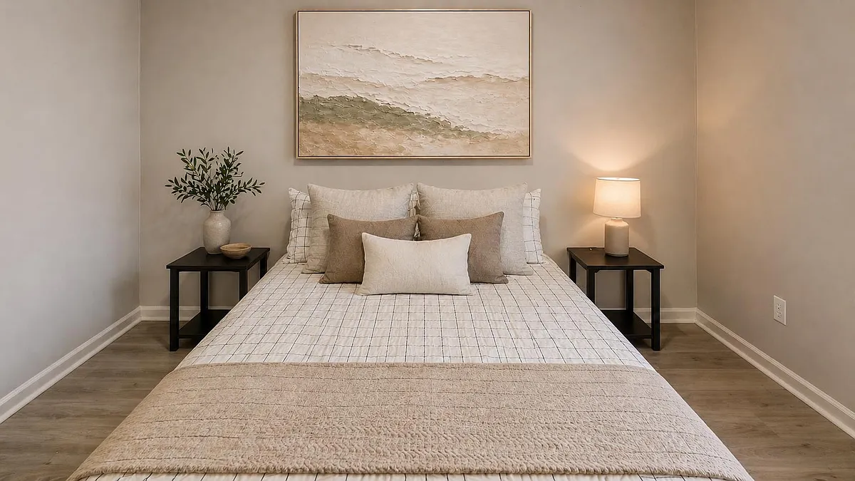 Well-appointed bedroom with a full bed, matching nightstands, and soft ambient lighting for comfortable everyday living. - Lake Dylan Ct