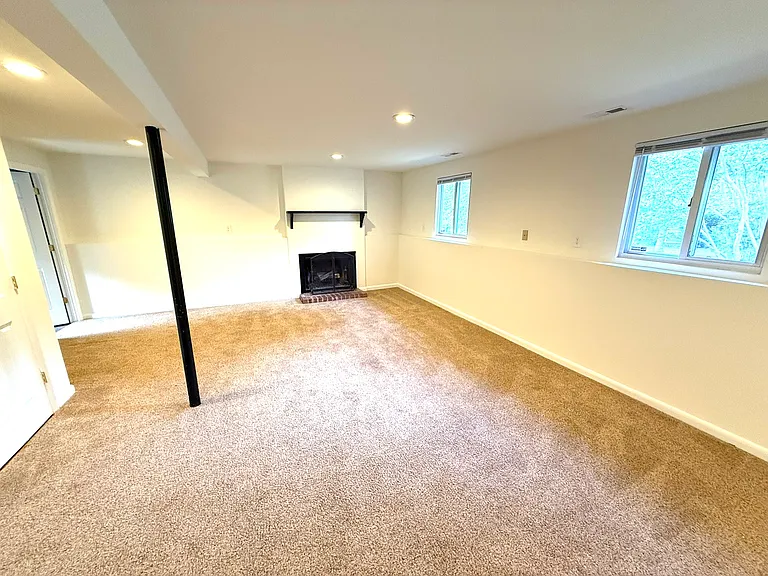 Large den with fireplace and brand new, luxurious carpet.