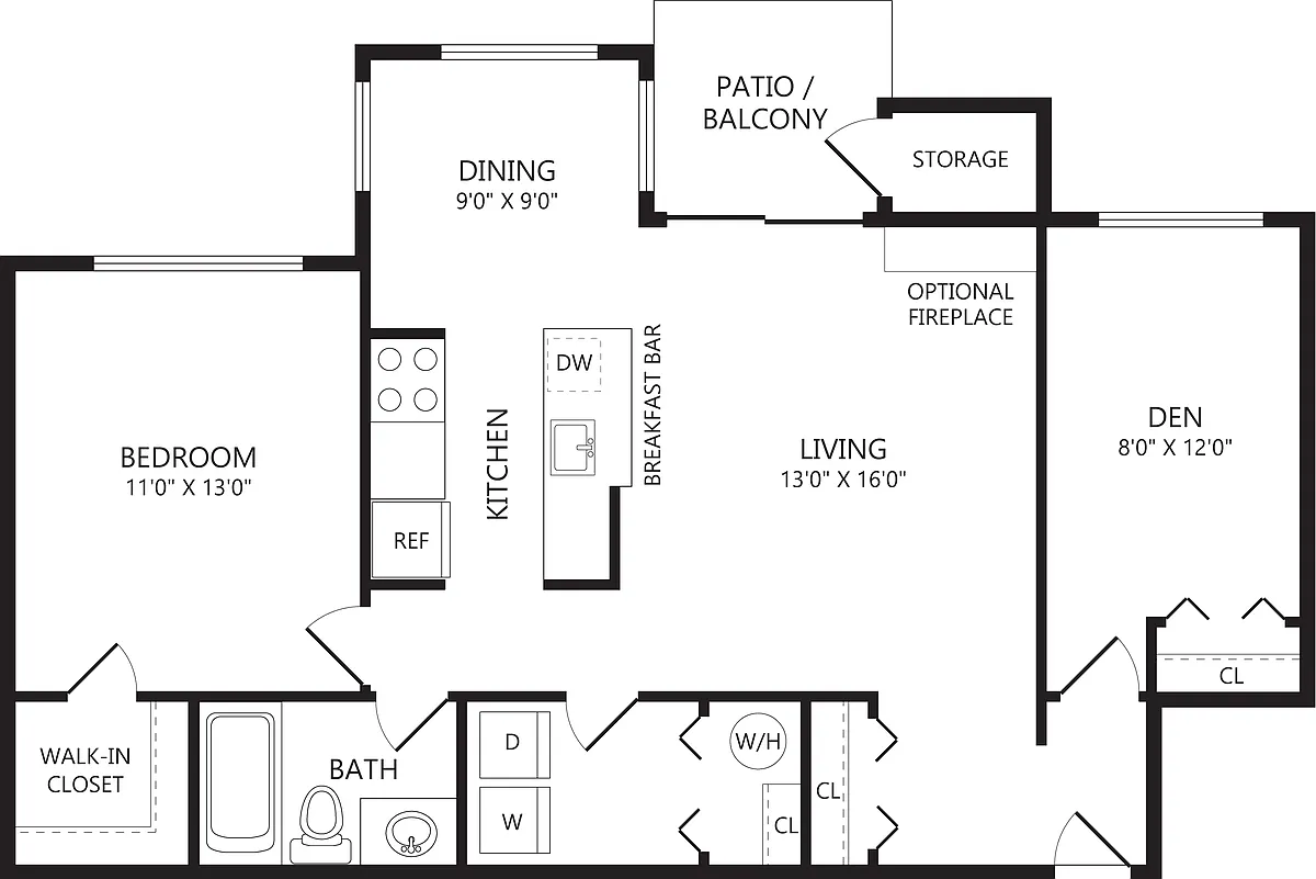 Floor plan 1 Bed/1 Bath Den-A2