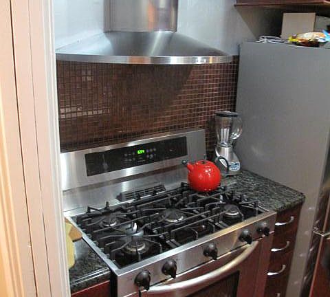 Stainless steel stove with stainless steel vent in hood with an elegant backsplash of glass tiles.
