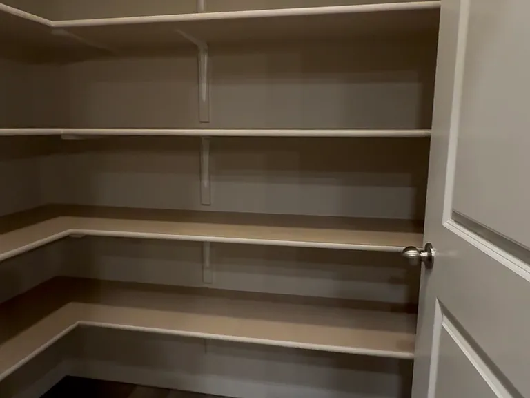 Spacious walk in pantry with ample shelving.