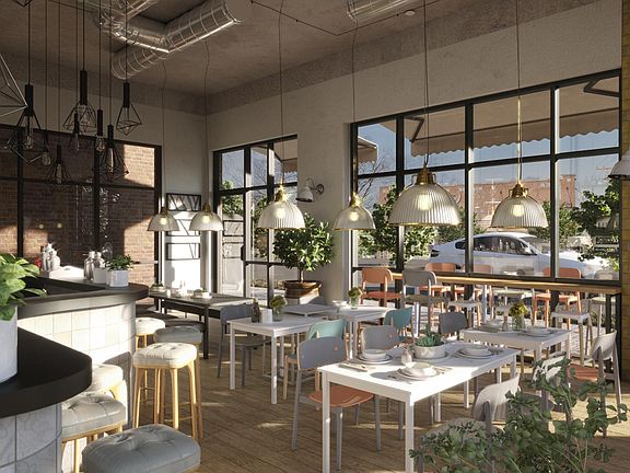 Renderings of the restaurant on the bottom floor of the complex.