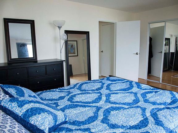 Bathroom has double mirrored closets