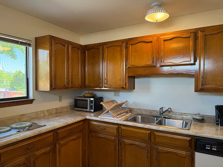 The kitchen is equipped with kitchen basics, an electric kettle, a microwave, and a dishwasher.