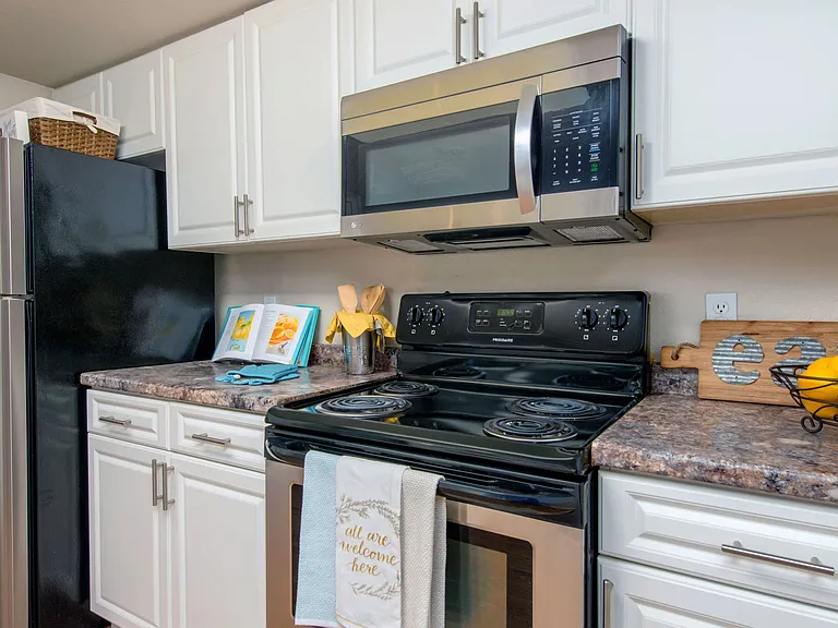 Our contemporary kitchens feature stainless-steel appliances and abundant upper and lower cabinetry.