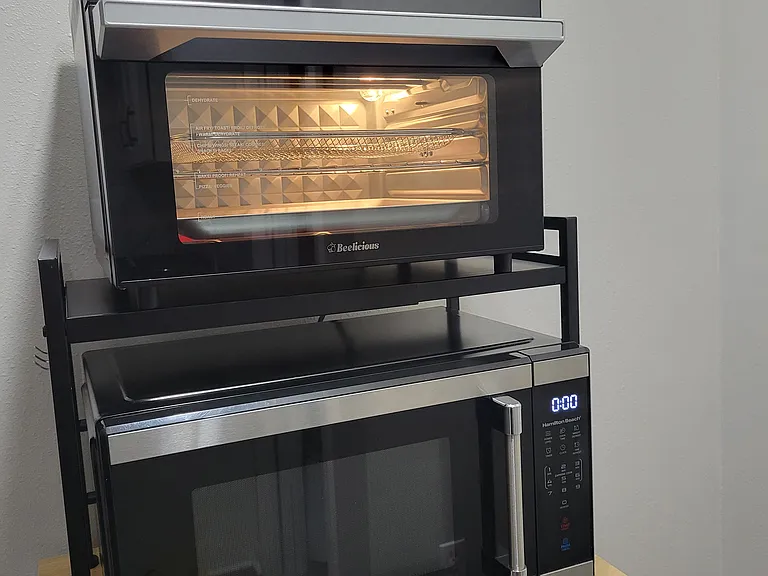 Oven (can take a full size frozen pizza) and microwave