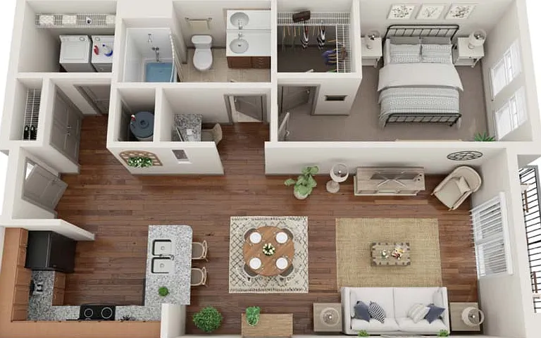 The Miami is a stylish 1-bedroom, 1-bath apartment with granite counters, a spacious walk-in closet, and full-size appliances. Featuring a private patio and built-in desk, it's a perfect choice for those seeking a mix of style and function. The Miami is a