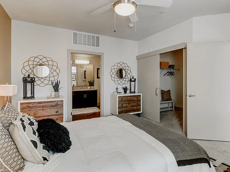 Spacious apartment bedroom with large closet, attached bathroom and plush carpet flooring.