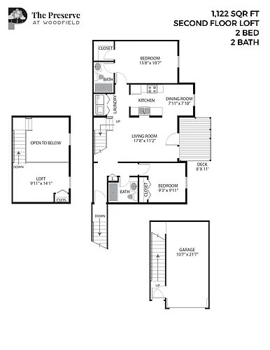 Floor plan 2 Bedroom 2 Bath Loft (1122 Sq. Ft.)
