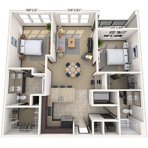 Floor plan Traditional 2x2 1038-1185 SF