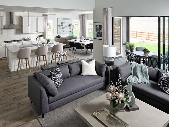 A modern and open-concept living space with a gray sofa, a dining area, and a kitchen visible in the