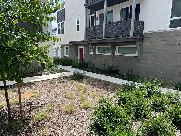 Outside view with small green garden