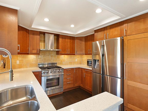 Chef's kitchen with high end stainless appliances and ample 