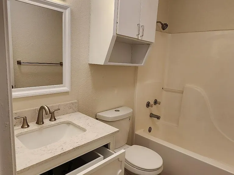 Overhead lighting (does not appear in this picture) provides more light in the bathroom.