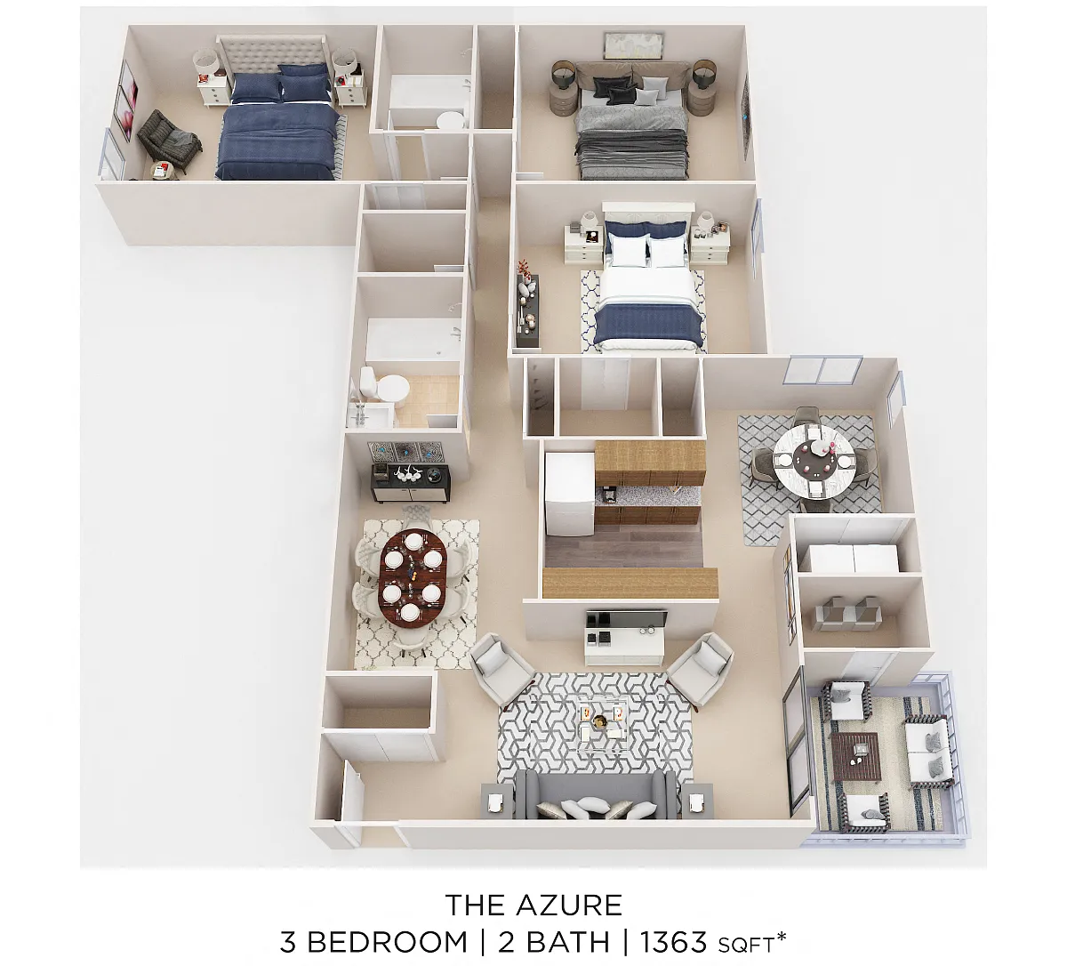 Floor plan Three Bedroom 2 Bath - 1,363