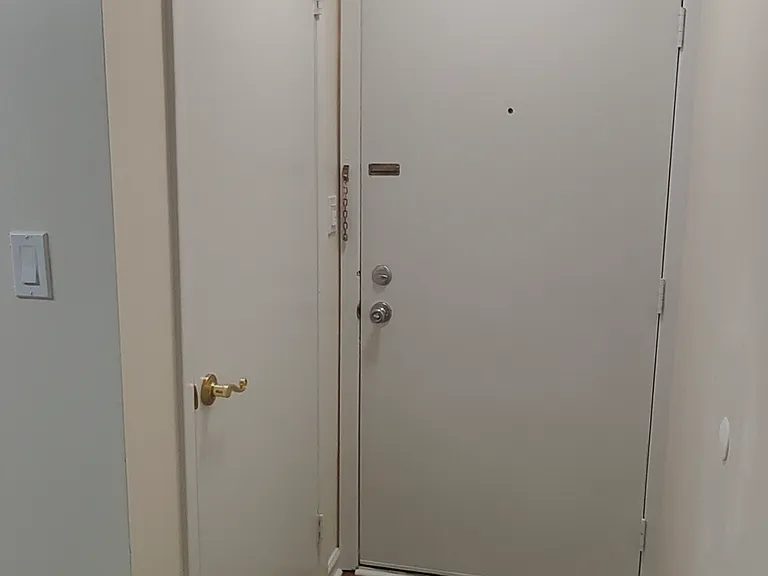 View of the entrance from the inside. Coat closet door on the left. Main door straight