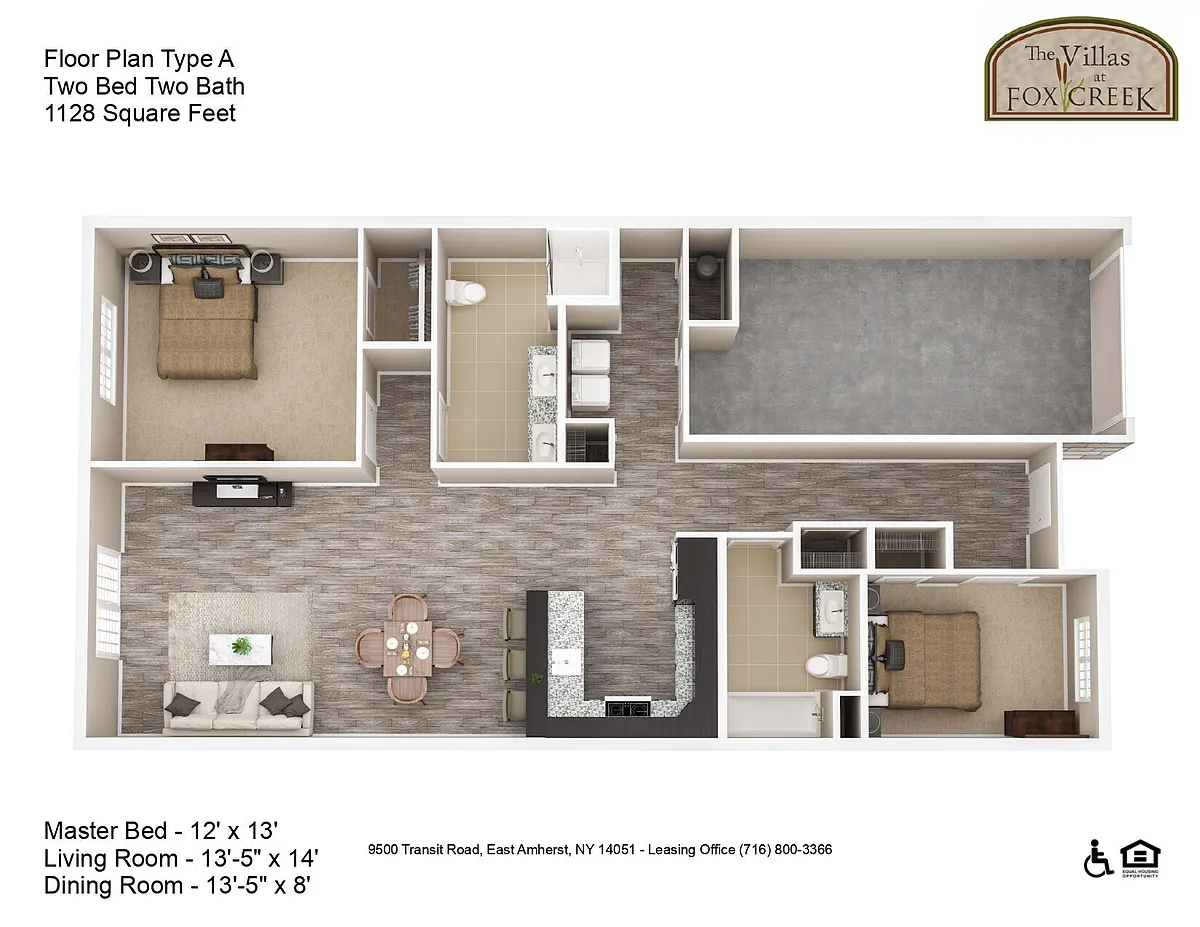 Floor plan Exterior Villa - 2 Bed, 2 Bath - 1128 Square Feet