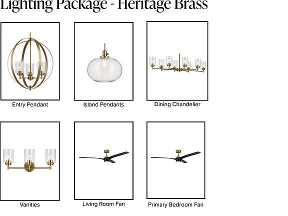 A Lighting Package product sheet showing a brass-toned entry pendant, island pendant, dining chandel