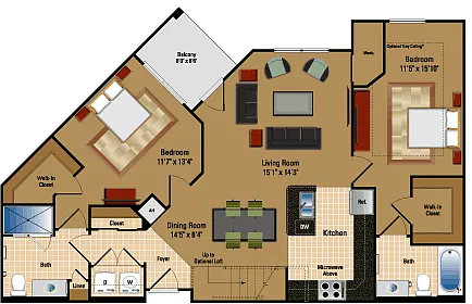Floor plan 2 Bed, 2 Bath 1090 SF B5