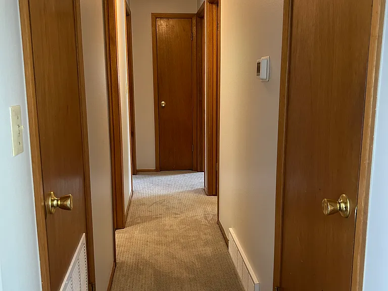 Hallway to the bedrooms, front hallway closet on right, hot water closet on left and hallway closet all the way down