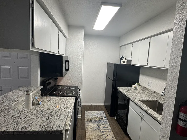 Modern kitchen with granite countertops, deep sink, dishwasher, over-the-range microwave, and a floor-to-ceiling pantry closet.